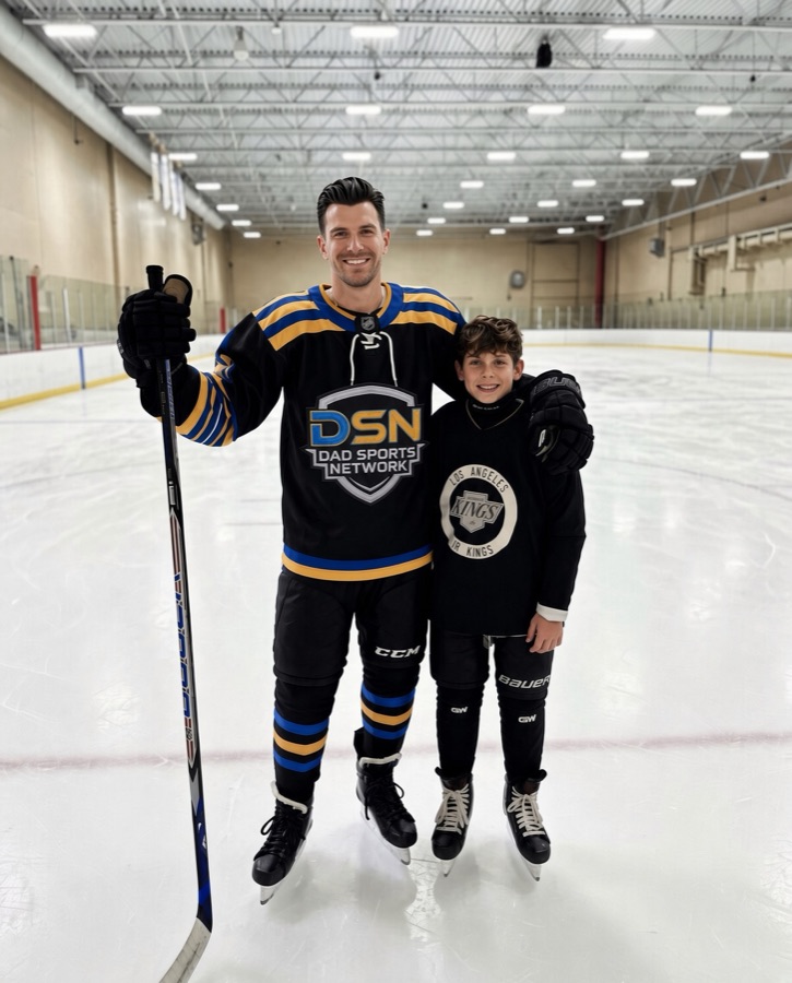 Kyle on the ice in a DadSportsNetwork jersey, with his son in Jr. Kings gear.
