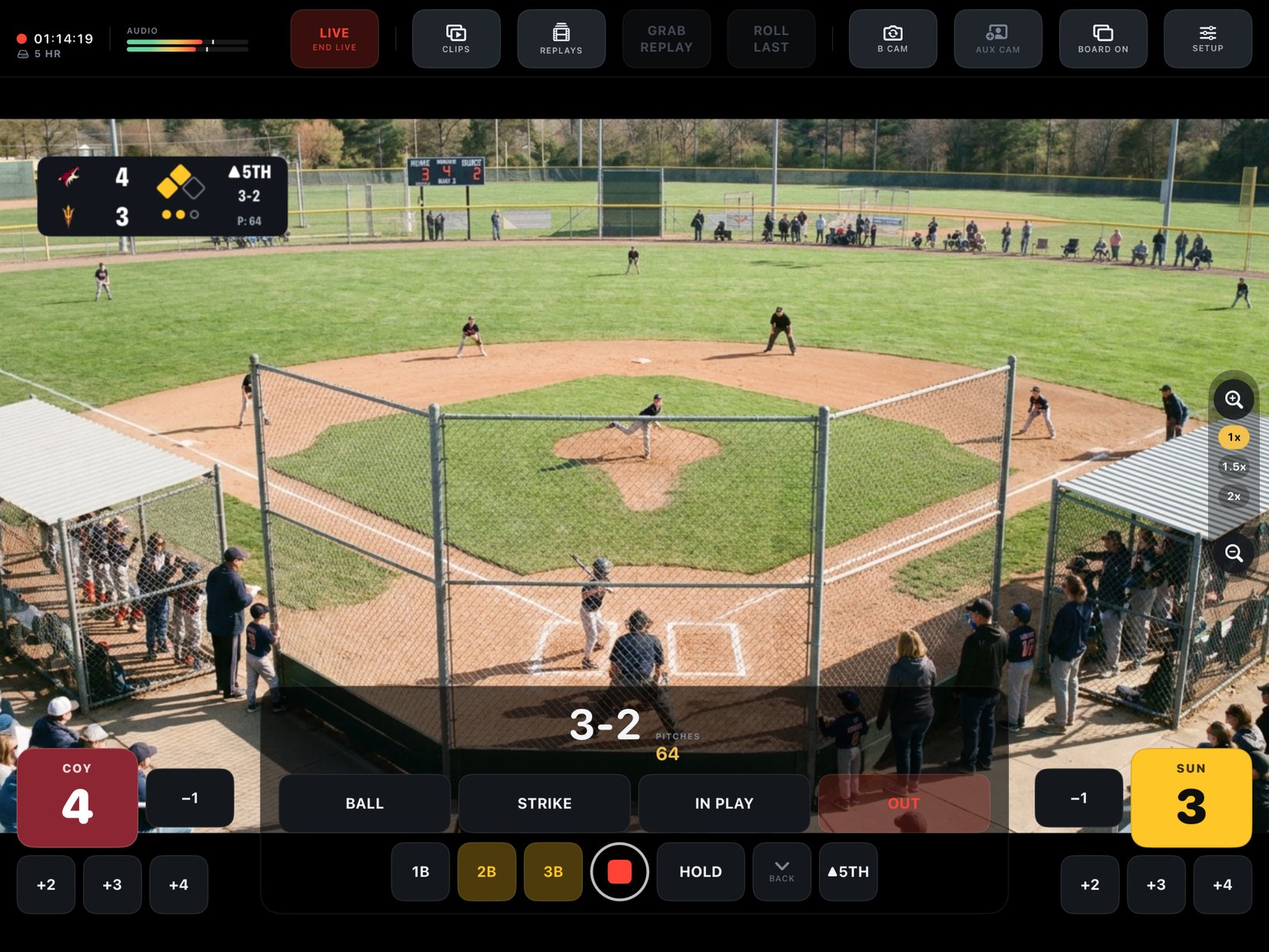 Baseball game with the diamond board showing runners on base, the count and the pitch count, live and recording.