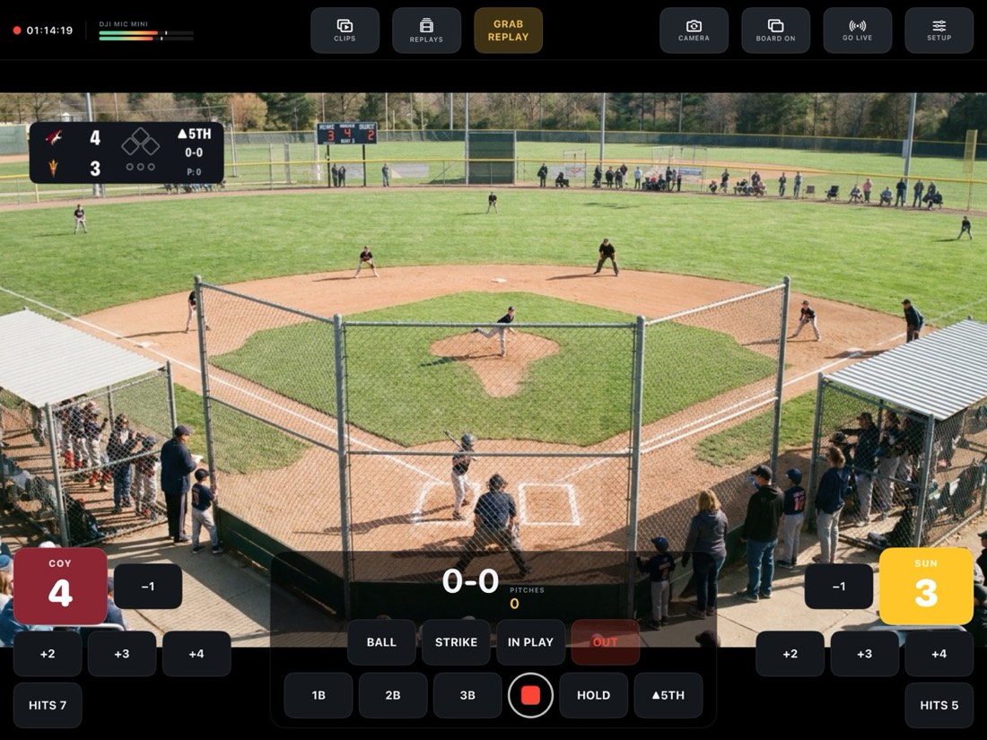 Baseball game with the diamond board showing bases, count and pitch count.
