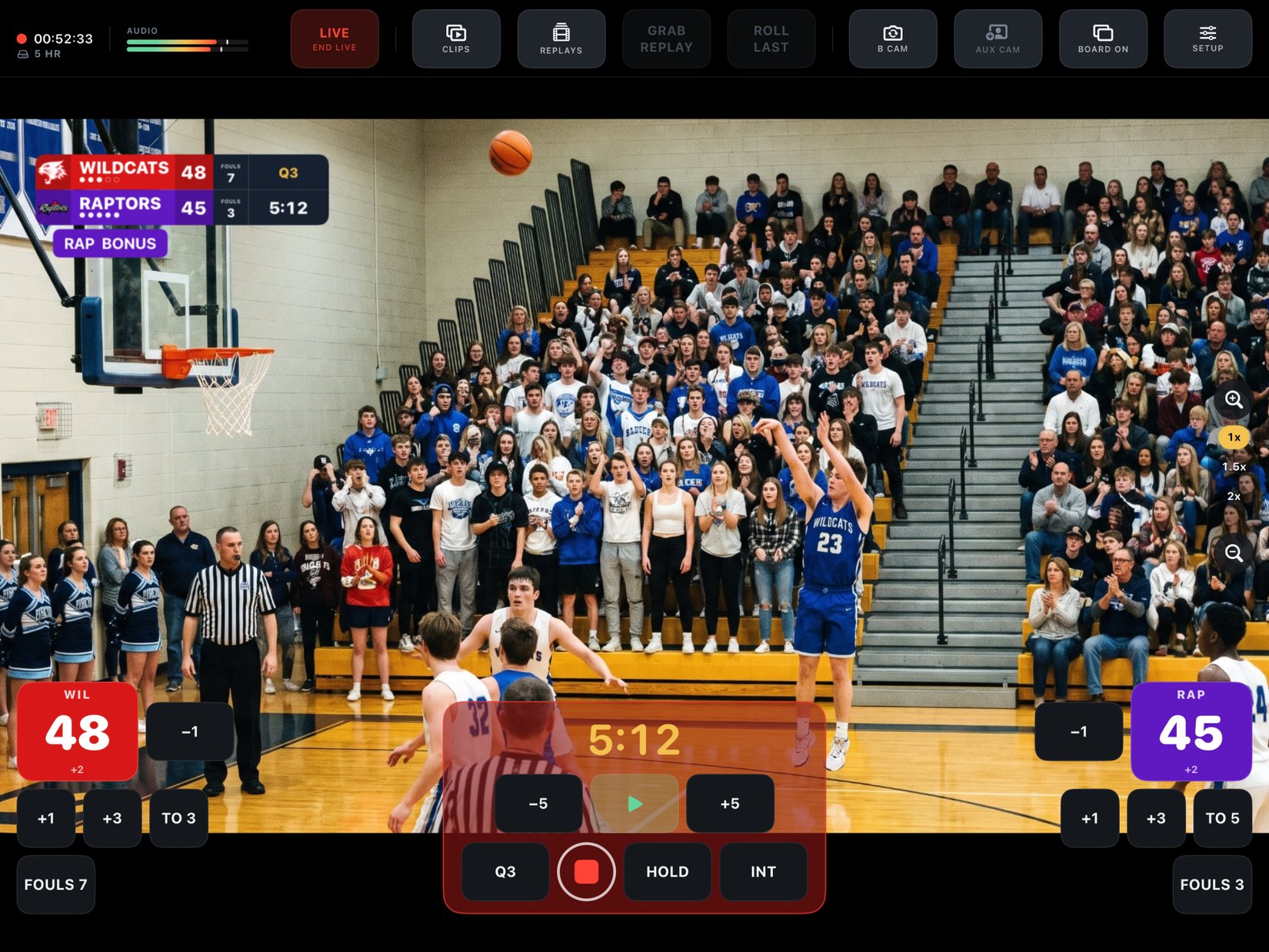 Basketball game with The Stack scoreboard burned into the picture, fouls and the bonus on the board, live and recording.