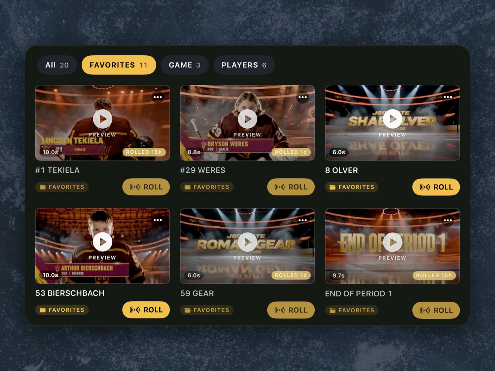 The clip bin: player intro cards and game graphics like End of Period 1, filed into Favorites, Game and Players groups, each with a one-tap ROLL button.