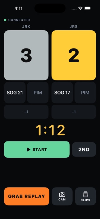 The DadSportsNetwork remote on iPhone, connected, showing both scores, shots, penalties, the clock and a grab-replay button.