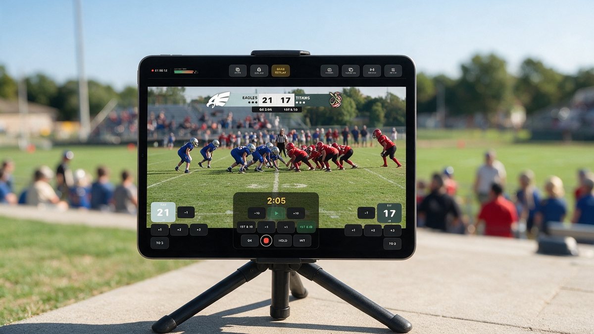 An iPad on a mini tripod at the sideline of a youth football game, running DadSportsNetwork with The Gridiron scoreboard over the line of scrimmage.