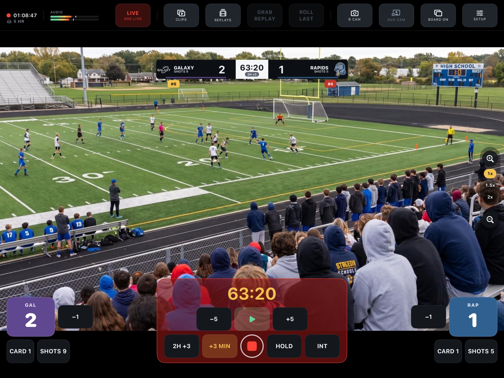 Soccer match with The Marquee scoreboard burned into the picture, the clock counting up with added time, live and recording.